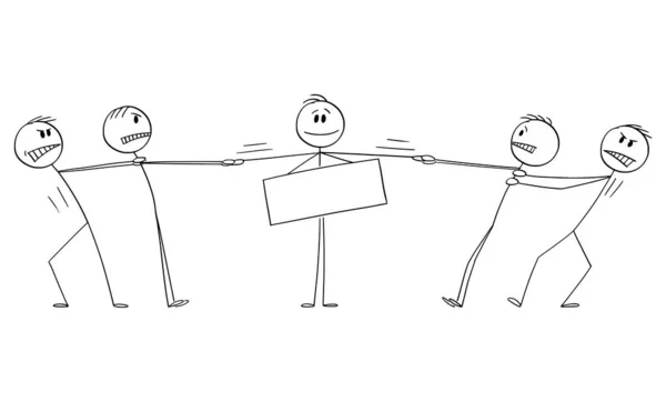 Dos grupos de hombres jugando remolcador de la guerra para el hombre con el signo, ilustración de la figura del palillo de la historieta del vector — Vector de stock