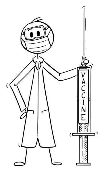 Medicine Doctor with Covid-19 or Coronavirus Vaccine, Vector Cartoon Stick Figure Illustration — Stockový vektor