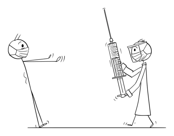 Patient et médecin avec grande injection ou vaccin, illustration vectorielle de figure de bâton de bande dessinée — Image vectorielle