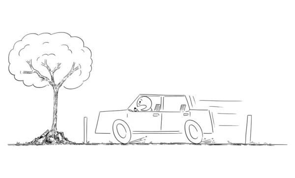 Auto beweegt snel, Boom groeit op de weg, Chauffeur geschokt, Vector cartoon illustratie — Stockvector