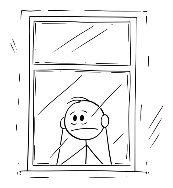 Sad or Frustrated Man Inside of House Looking Through Window, Vector Cartoon tick Figure Illustration — 스톡 벡터