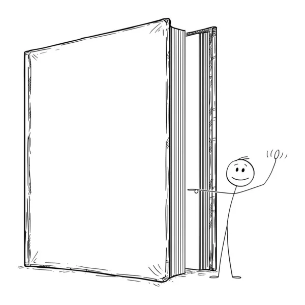 The Book Character Invited to Enter His World, Vector Cartoon Stick Figure Illustration — 스톡 벡터