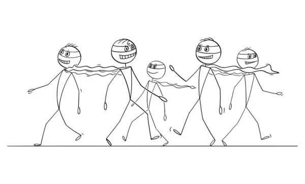 Multidão de super-heróis médios ou heróis andando na rua, Vector Cartoon Stick Figura Ilustração — Vetor de Stock