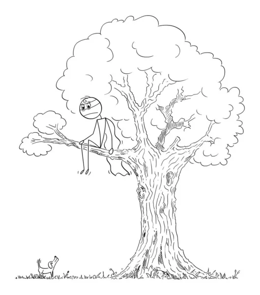 Superhéroe asustado o héroe se esconde de perro pequeño en el árbol, ilustración de la figura del palillo de la historieta del vector — Vector de stock