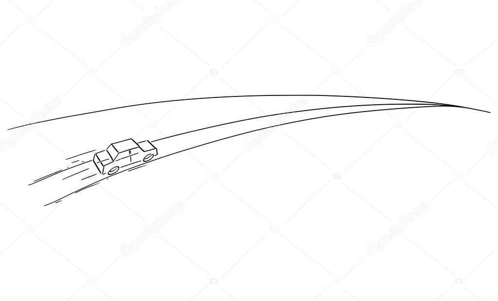 Car Moving Far Over the Horizon , Vector Cartoon Illustration