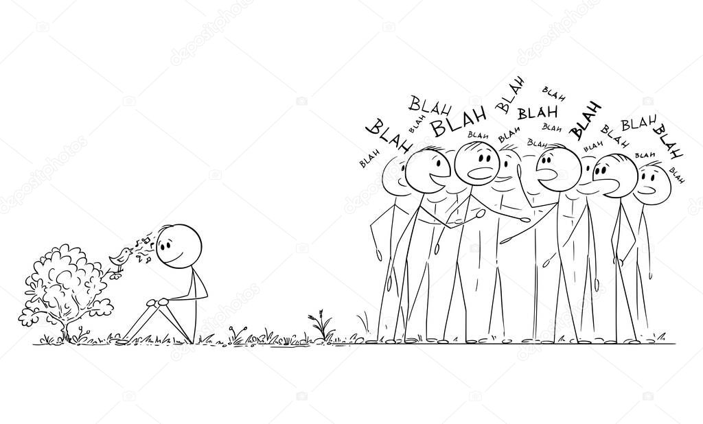 Man Is Hearing Singing Bird While Crowd Is Chattering and Ignoring the Nature, Vector Cartoon Stick Figure Illustration