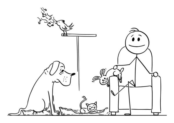 ( 영어 ) Happy Man sitting in Chair Surround by His Pets Dog, Cat, Bunny and Bird, Vector Cartoon tick Figure Illustration — 스톡 벡터