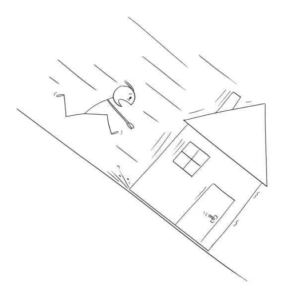 Uomo in esecuzione cercando di salvare la sua casa, mutuo o debito per concetto vivente, Vector Cartoon Stick Figura Illustrazione — Vettoriale Stock