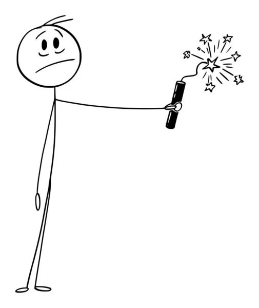 Frustrated Man Holding Ignited Bomb or Dynamite in Hand, Vector Cartoon Stick Figure Illustration - Stok Vektor