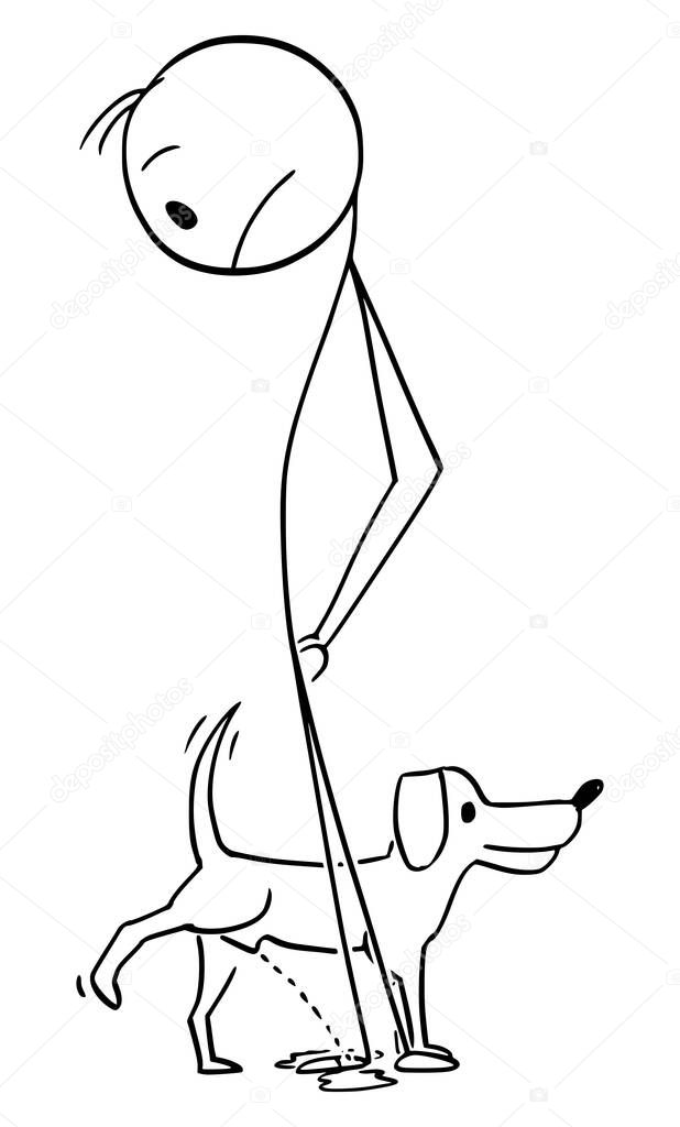 Man Watching Dog Urinating or Urine-marking His Leg , Vector Cartoon Stick Figure Illustration