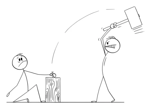 Stressed Man is Holding Nail, While Colleague With Big Hammer is Going to Knock it, Concept of Teamwork, Vector Cartoon Stick Figure Illustration — стоковий вектор