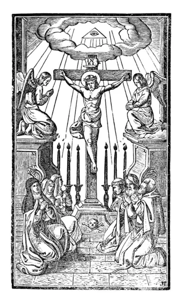 Szerzetesek és apácák Imádkozzanak Jézus Krisztushoz a kereszten.Christian Vintage antik vonal rajz vagy metszet illusztráció — Stock Vector