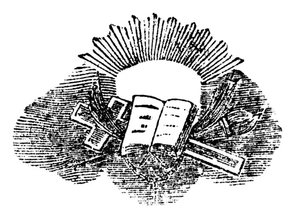 Crucea şi Biblia. Christian Vintage Linie antică Desen sau gravură Ilustrație — Vector de stoc