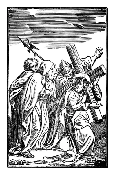 Vintage Antieke religieuze Bijbelse Tekening of gravure van Jezus en 4e of 4e Kruisweg of Kruisweg of Via Crucis. Bijbel, Nieuwe Testament — Stockvector