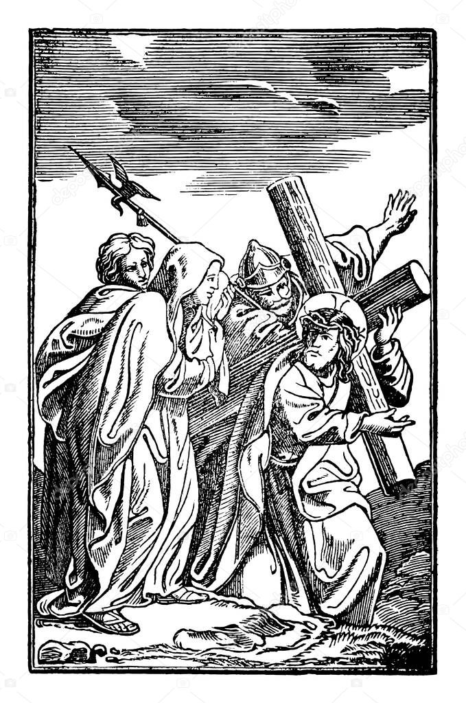 Vintage Antique Religious Biblical Drawing or Engraving of Jesus and 4th or Fourth Station of the Cross or Way of the Cross or Via Crucis. Bible,New Testament
