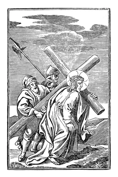 Dessin biblique antique vintage ou gravure de Jésus et 5ème ou 5ème Station de la Croix ou Chemin de Croix ou Via Crucis. Bible, Nouveau Testament — Image vectorielle