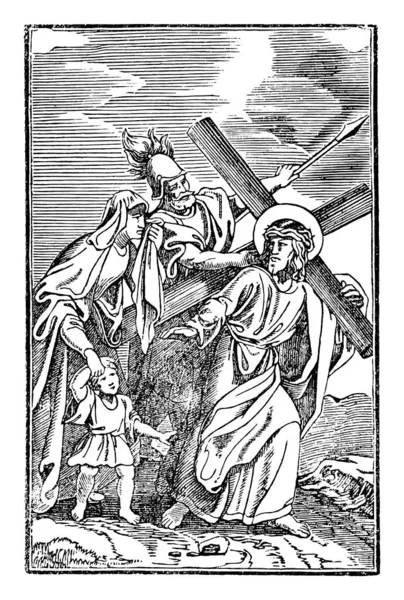 Vintage Antieke religieuze Bijbelse Tekening of gravure van Jezus en 8e of 8e Kruispunt of Kruisweg of Via Crucis. Bijbel, Nieuwe Testament — Stockvector
