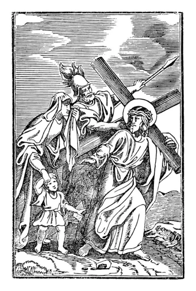 Vintage antika religiösa bibliska ritning eller gravyr av Jesus och åttonde eller åttonde stationen av korset eller vägen av korset eller Via Crucis. Bibeln, Nya Testamentet — Stock vektor