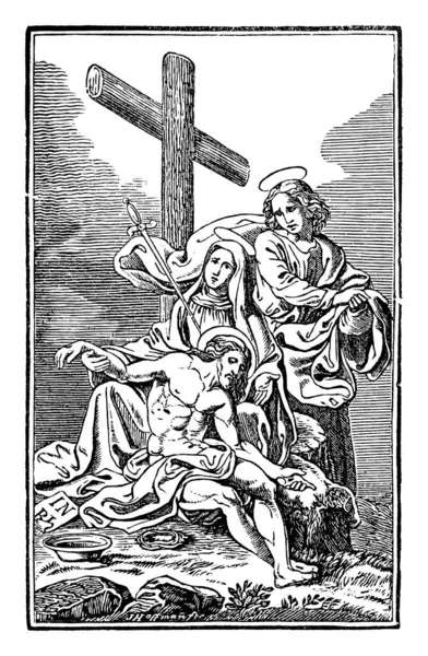 Vintage Antieke religieuze Bijbelse Tekening of gravure van Jezus en 13e of 13e Kruisweg of Kruisweg of Via Crucis. Bijbel, Nieuwe Testament — Stockvector