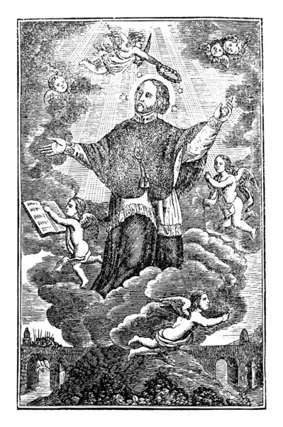 Saint John of Nepomuk eller Nepomucene.Christian Vintage Antik linje Ritning eller gravyr Illustration — Stock vektor