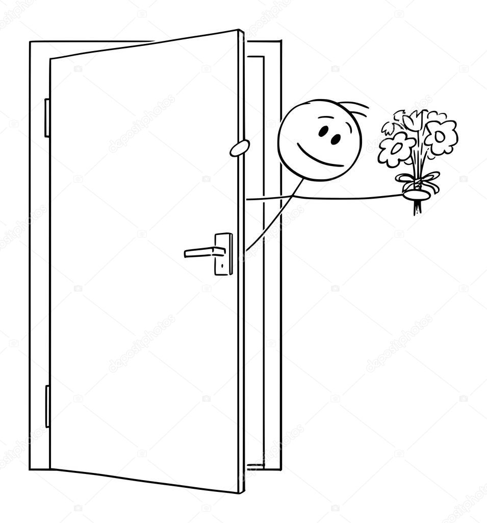 Man or Lover Sticking Out of the Door With Flowers ,Valentine Vector Cartoon Stick Figure Illustration