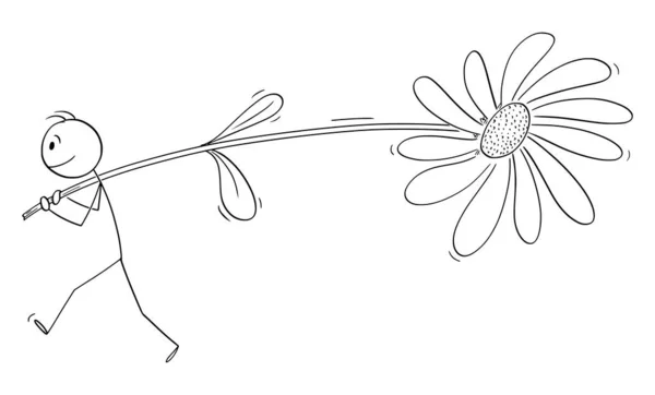 Man or Lower Carrying Big Flower, Love or Valentine Concept, Vector Cartoon Stick Figure Illustration — стоковый вектор