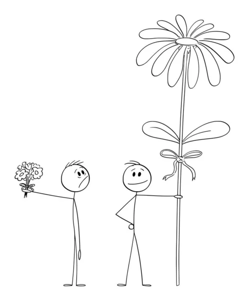 Mann mit kleinem Valentinstagsstrauß blickt auf große Blume eines anderen Mannes oder Liebhabers, Vector Cartoon Strichmännchen Illustration — Stockvektor