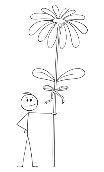 Man or Lower Holding Big Flower, Love or Valentine Concept, Vector Cartoon Stick Figura Ilustração —  Vetores de Stock