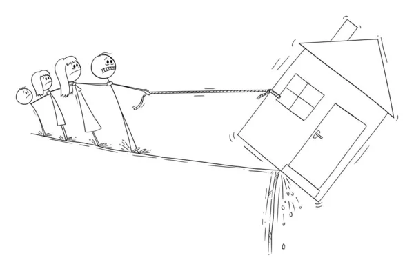 Rodina se snaží zachránit svůj dům nebo majetek, Hypotéka, Dluh nebo úvěr koncepce, Vektorové karikatury Stick obrázek ilustrace — Stockový vektor