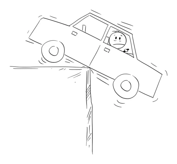 ( 영어 ) Man in Car Balancing on the Edge, Concept of Risk, Loan and Finance.Vector Cartoon tick Figure Illustration — 스톡 벡터
