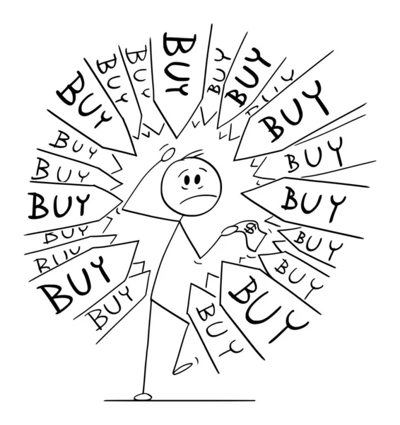 Cliente o cliente sotto pressione per comprare qualcosa, illustrazione della figura del bastone del fumetto del vettore — Vettoriale Stock