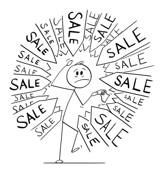 Cliente o cliente sotto pressione per acquistare qualcosa in vendita, illustrazione della figura del bastone del fumetto del vettore — Vettoriale Stock