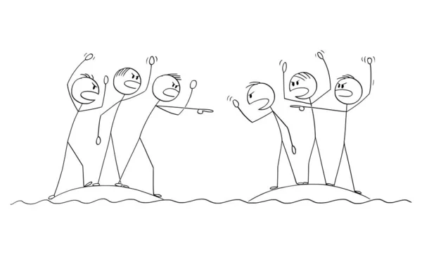 Two Groups of People Arguing and Fighting From Close Islands, Vector Cartoon Stick Figure Illustration Royalty Free Stock Vectors