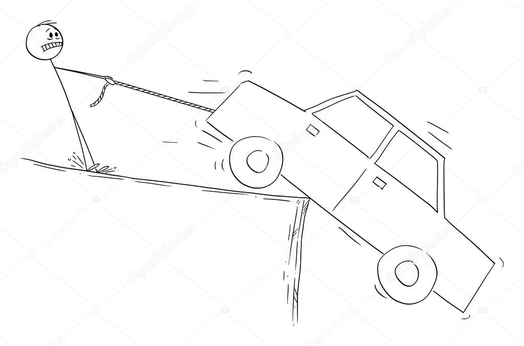 Man Trying to Save His Car, Financial Problem of Debt, Vector Cartoon Stick Figure Illustration