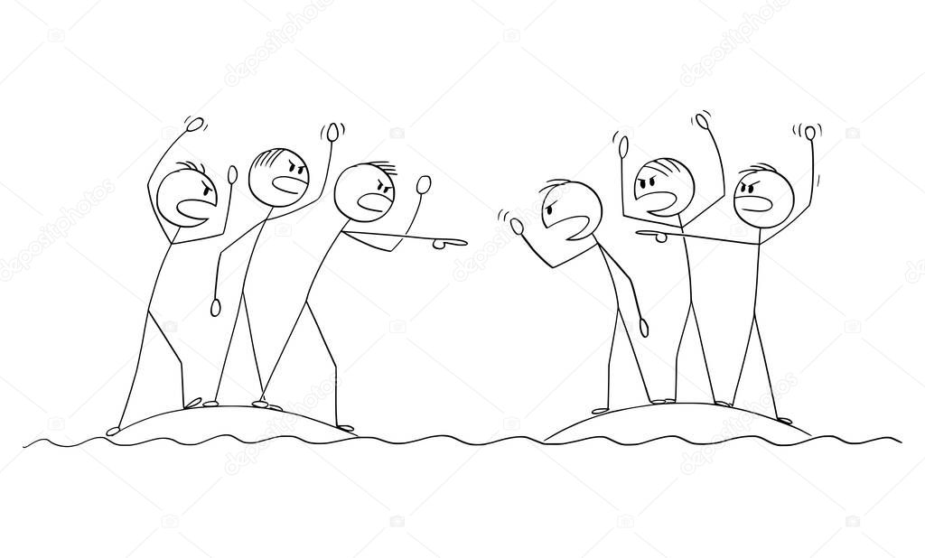 Two Groups of People Arguing and Fighting From Close Islands, Vector Cartoon Stick Figure Illustration