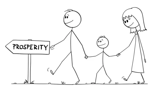 Família ou Pais com Criança ou Filho Caminhando para a Prosperidade, Conceito Financeiro, Vetor Cartoon Stick Figura Ilustração —  Vetores de Stock