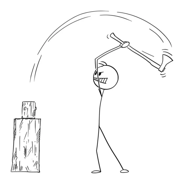 Mann hackt Feuerholz mit Axt, Vector Cartoon Strichmännchen Illustration — Stockvektor