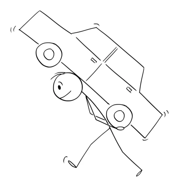 El hombre que lleva el coche en el escondite detrás, concepto del transporte, ilustración de la figura del palillo de la historieta del vector — Archivo Imágenes Vectoriales