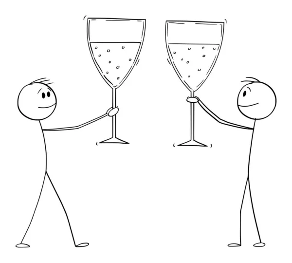 Двое мужчин или бизнесменов, празднующих успех с бокалами вина, векторные мультяшные палочки — стоковый вектор