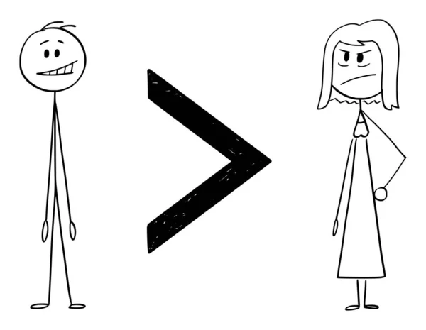 Desigualdad de sexos, el hombre es mayor que la mujer, ilustración de la figura del palillo de la historieta del vector — Vector de stock