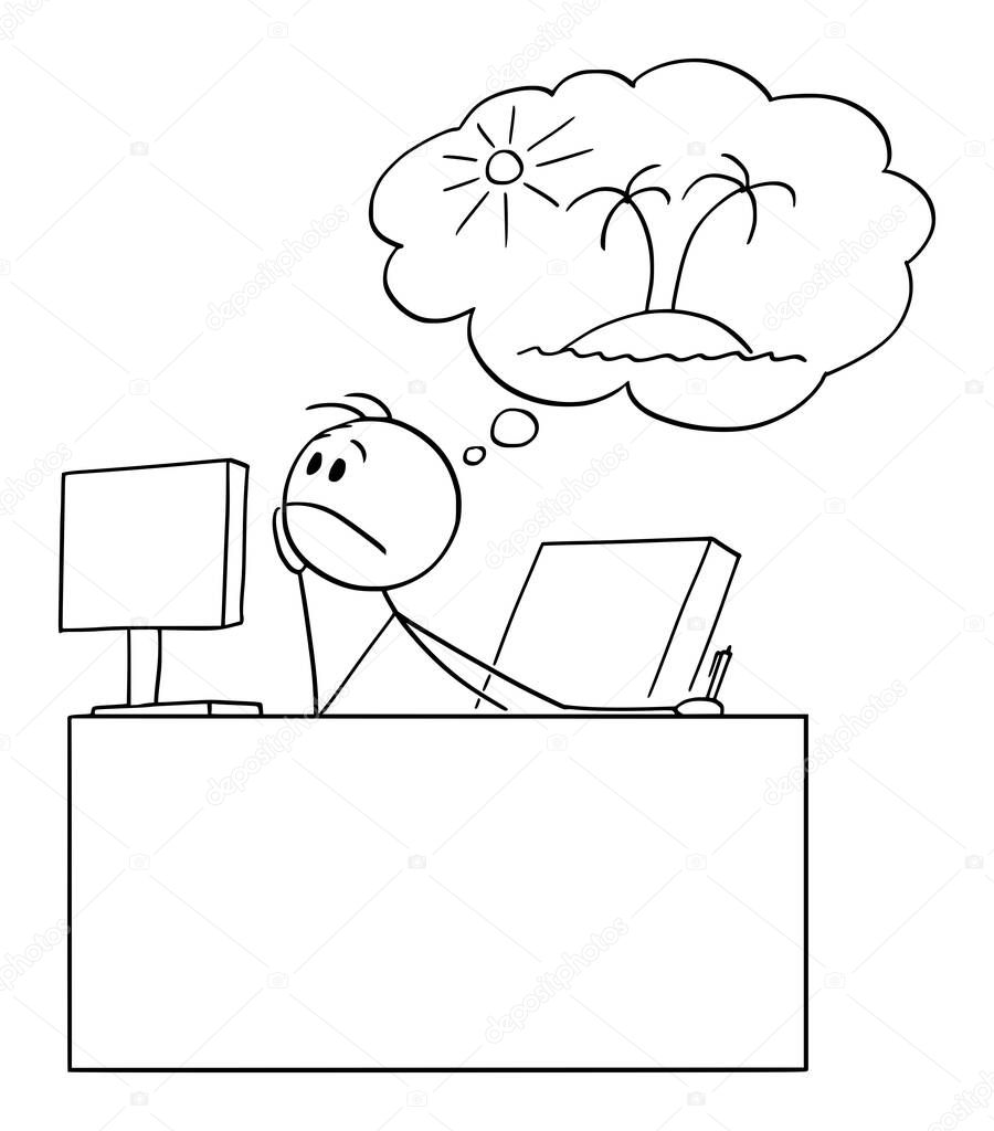 Bored or Tired Businessman or Office Worker Thinking or Dreaming About Vacation, Vector Cartoon Stick Figure Illustration