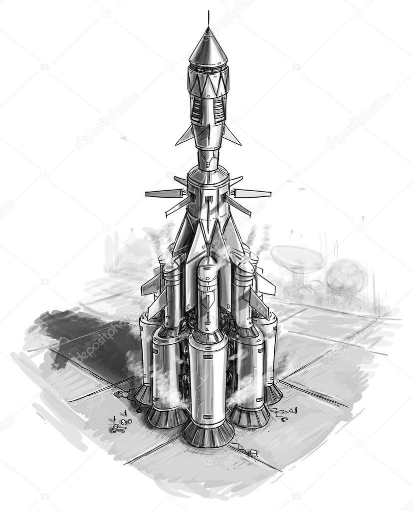 Sci-fi Spaceship or Spacecraft on Star Port, Concept Art Design Drawing or Illustration