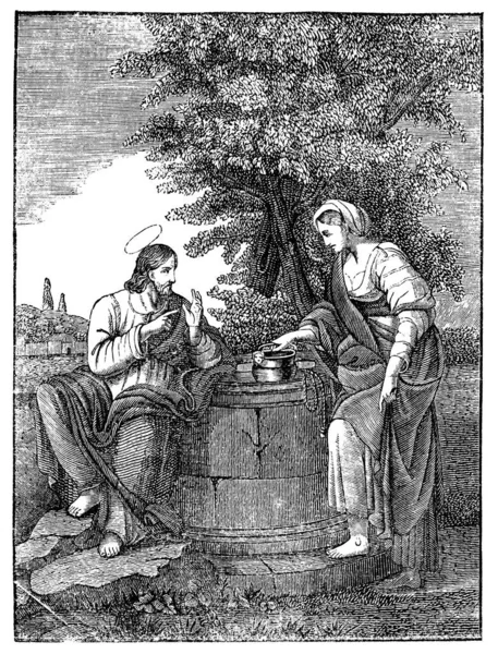 Jesus Talks With Samaritan Woman near Well.Bible, Nová závěť. Starožitná kresba ročníku — Stock fotografie