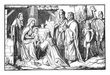 Üç Bilge Adam veya Krallar Beytüllahim 'de İsa' yı ziyaret eder ve ona hediyeler verir. İncil, Yeni Ahit, Matthew 2. Antika Çizim
