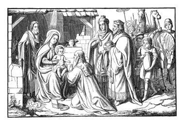 Three Wise Men or Kings Visit Newborn Jesus in Bethlehem and Giving Him Gifts.Bible, New Testament,Matthew 2.Vintage Antique Drawing clipart