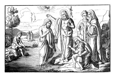 Vaftizci Yahya, Ürdün Nehri 'nde İsa' yı vaftiz ediyor. İncil, Yeni Ahit, Matthew 3. Antika Çizim