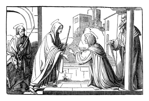 Vaftizci Yahya 'nın annesi Elizabeth, Bakire Meryem tarafından ziyaret edildi. İncil, Yeni Ahit. Eski Antika Çizim.. — Stok Vektör