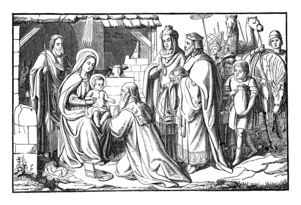 Drie wijze mannen of koningen bezoeken pasgeboren Jezus in Bethlehem en geven Hem geschenken. Bijbel, Nieuwe Testament, Matteüs 2. — Stockvector