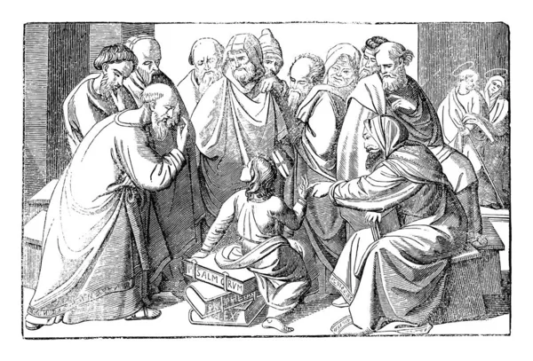 Boy Jesus Talking With Teachers in Temple in Jerusalem.Bible,New Testament, Luke 2. Vintage Antique Drawing — Stock Vector
