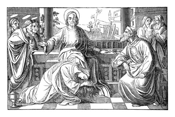 Zondige vrouw Maria van Bethanië wassen en kussen Jezus Voeten in het huis van Simon. Bijbel, Nieuwe Testament, Lucas 7. Vintage Antiek Tekenen — Stockvector